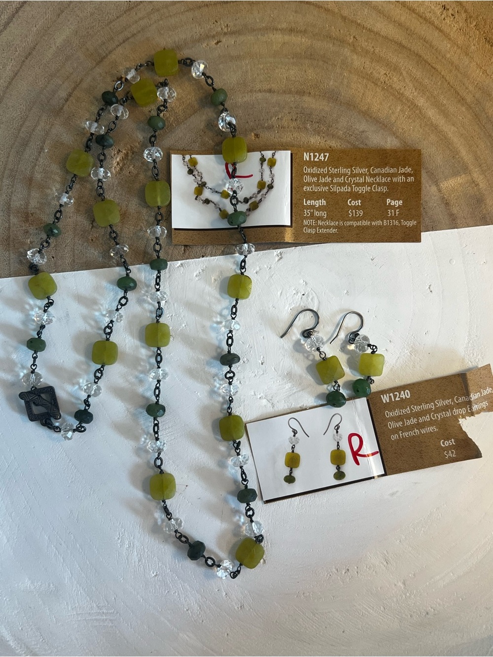 Silpada Olive Green Jade and Clear Crystal Necklace with Matching Earrings